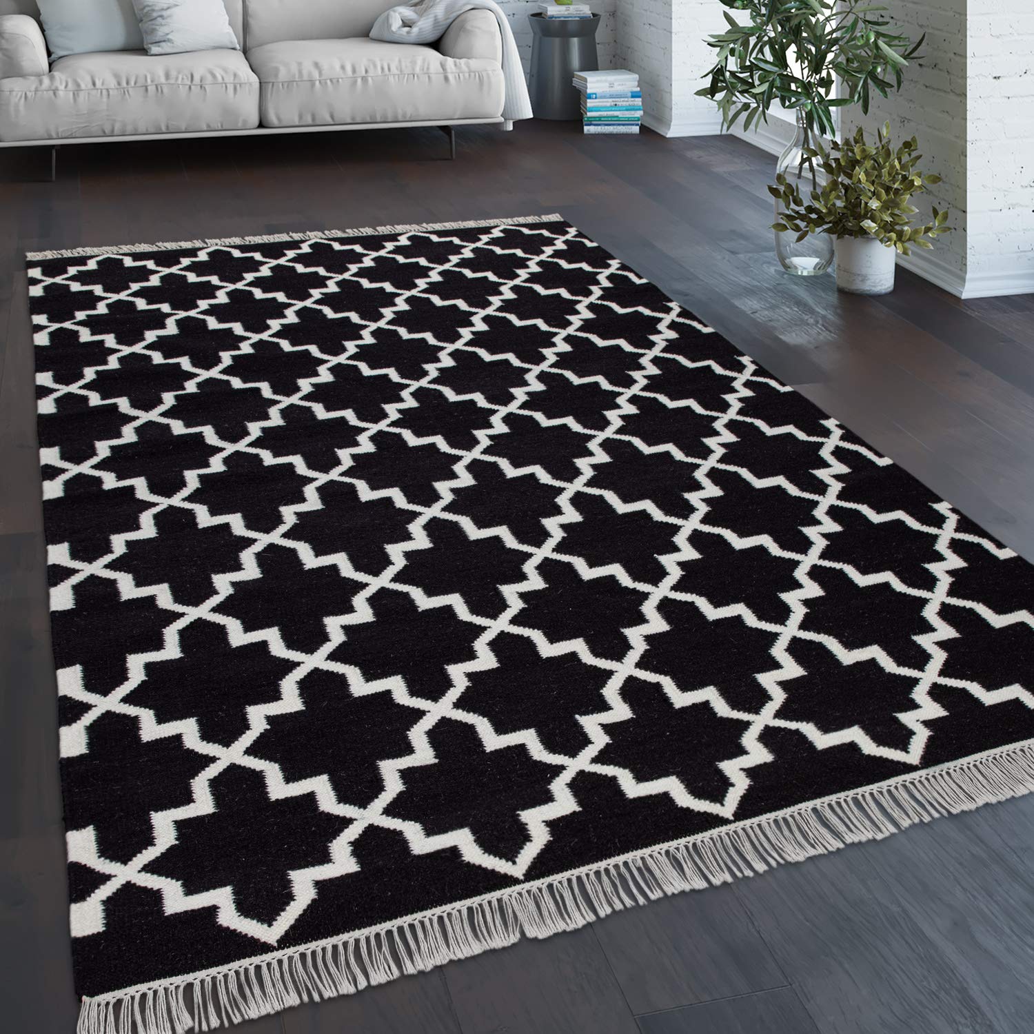 paco-home-marokkanischer-teppich-handgewebt-wolle-schwarz-wei-140x200-cm image 1