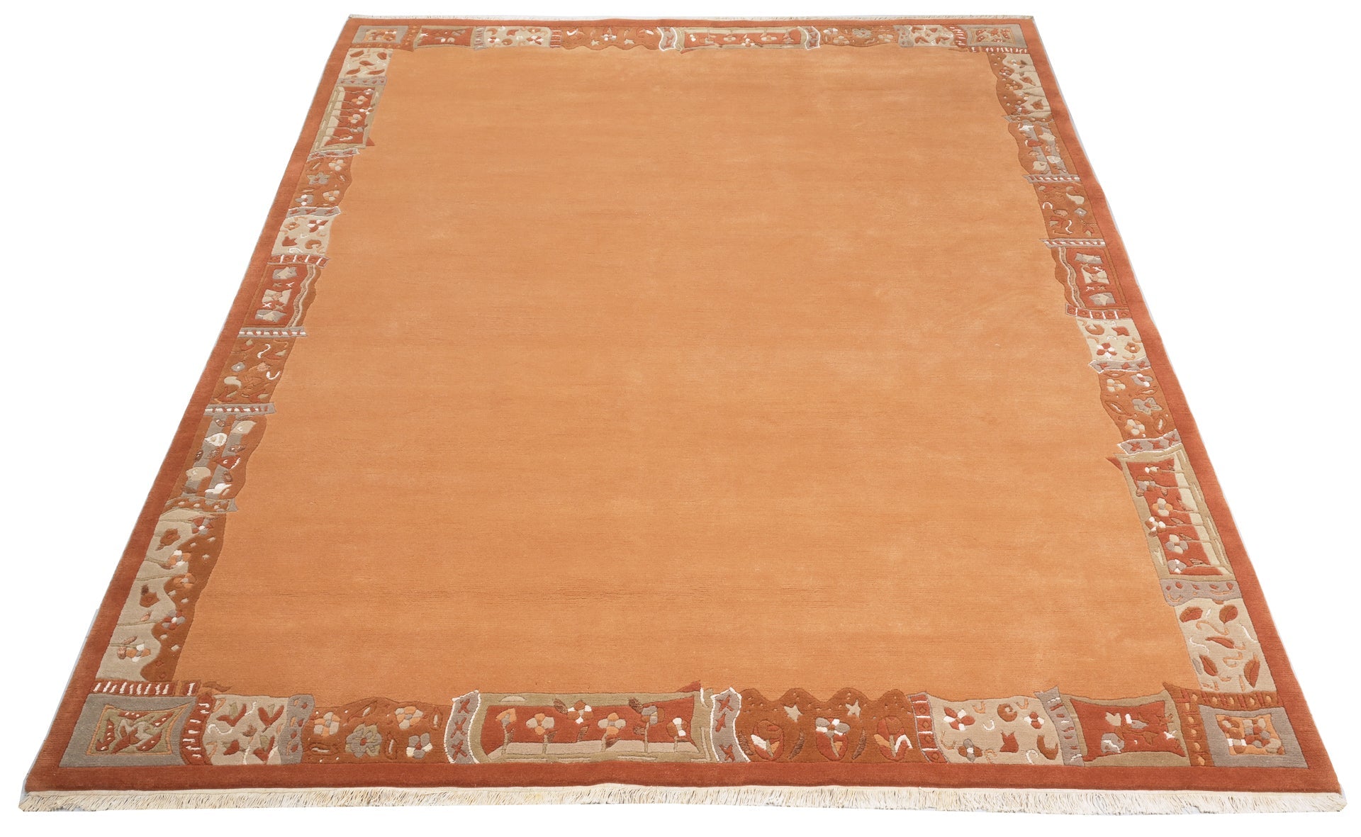 weconhome-handgekn-pfter-tibet-teppich-apricot-mit-retro-bord-re-neuwertig image 5