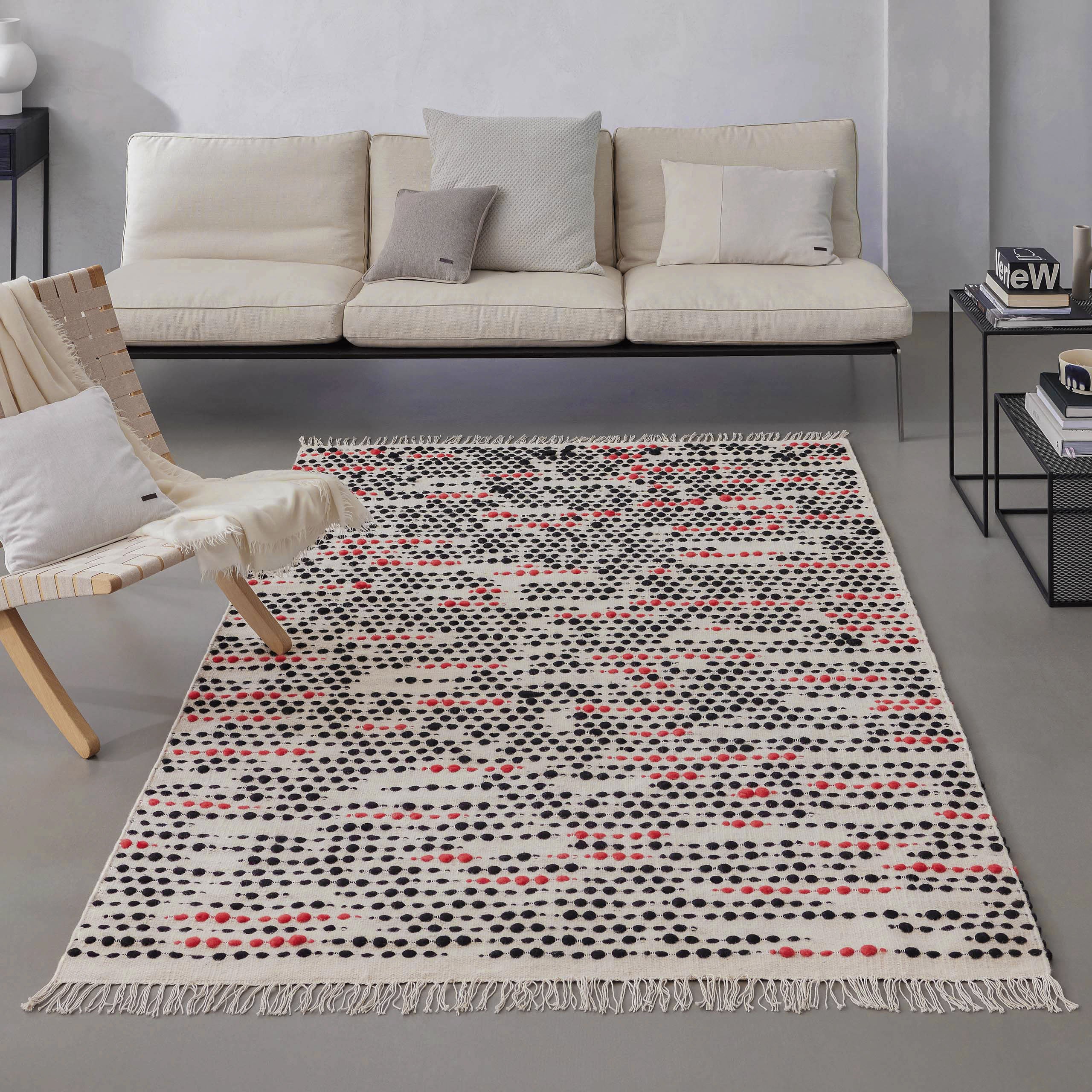 weconhome-london-red-wollteppich-creme-beige-punkte-hoch-tief image 2