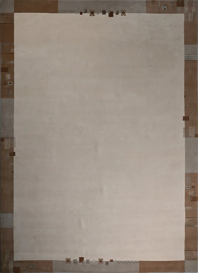 weconhome-handgekn-pfter-tibeter-teppich-beige-mit-retro-bord-re-neuwertig image 1