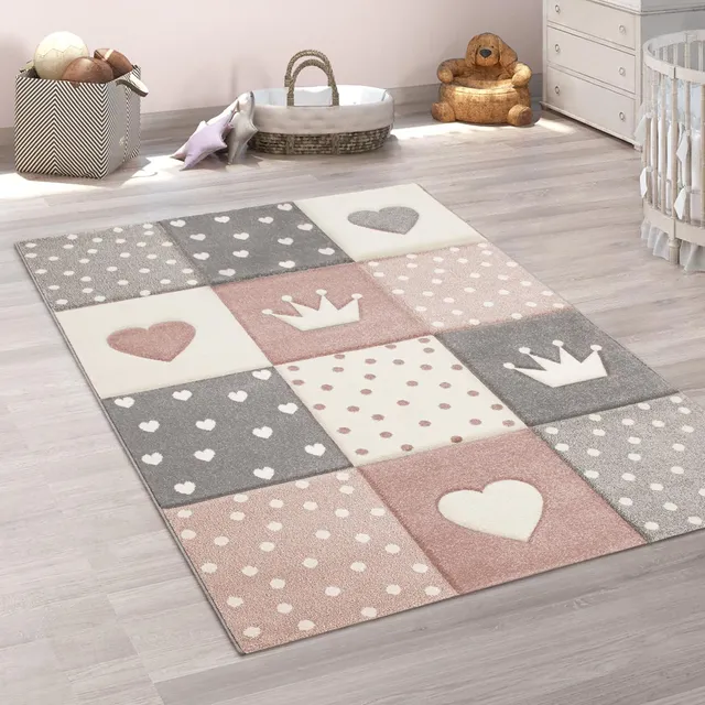 paco-home-bino-kinderteppich-kurzflor-200x290-cm-pastell-punkte-herzen-krone image 1