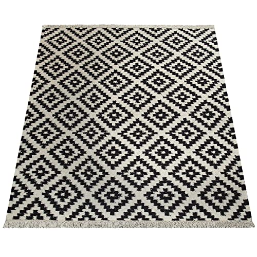 paco-home-skandi-kilim-teppich-60x110-cm-schwarz-wei-rauten-fransen-handgewebt image 8