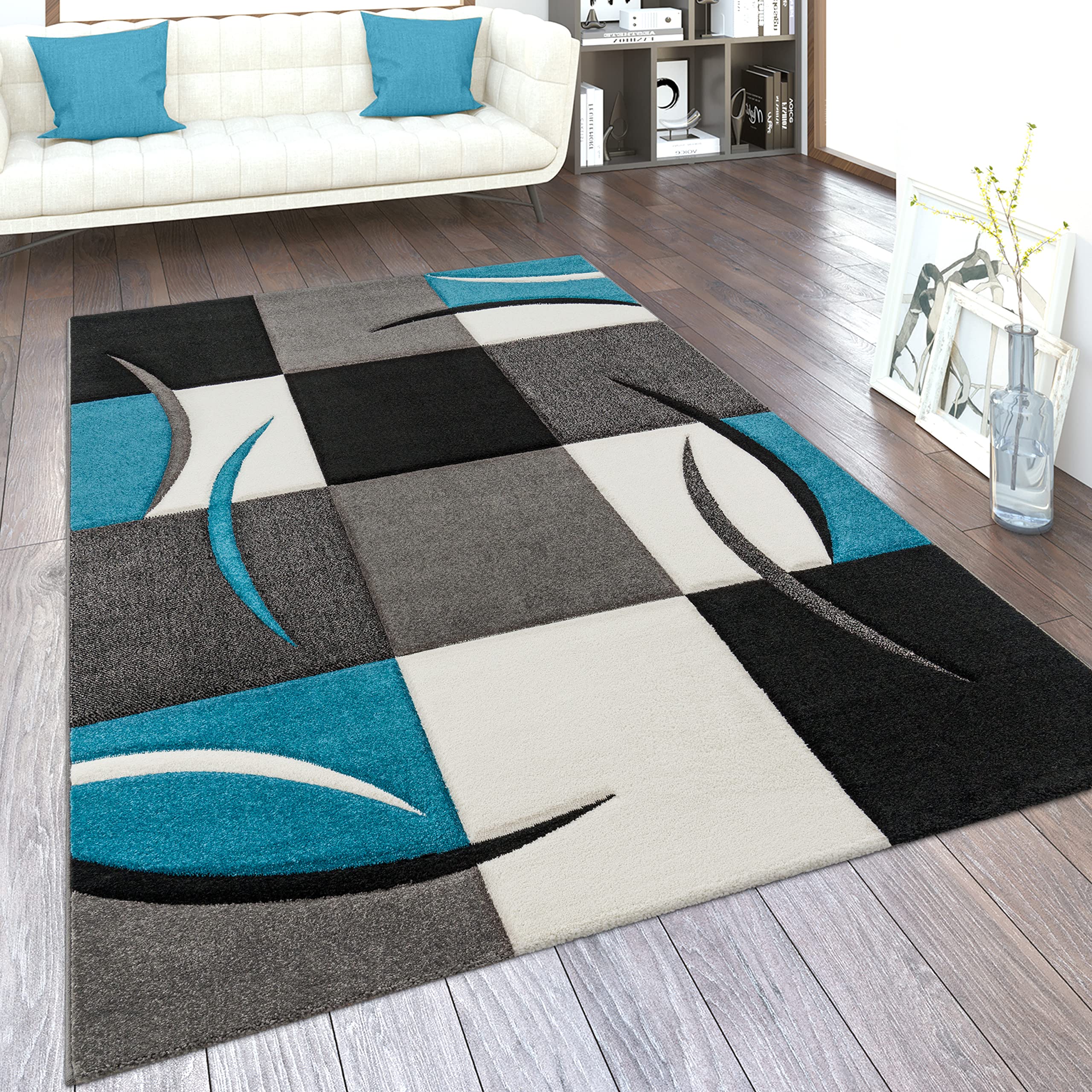 paco-home-metro-kurzflor-teppich-80x150-cm-t-rkis-geometrisch-kariert-meliert image 1
