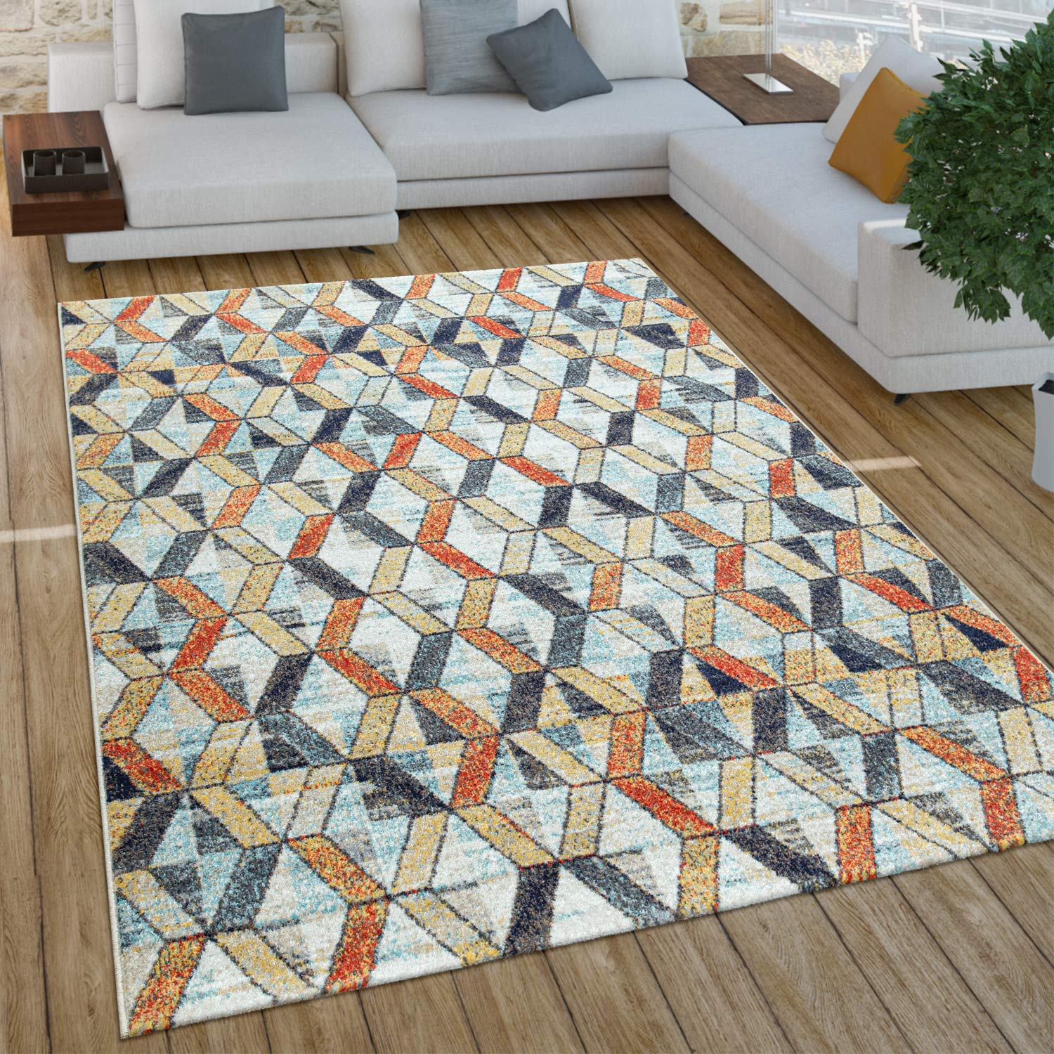 paco-home-teppich-kurzflor-boho-vintage-geometrie-used-look-bunt-120x170-cm image 1