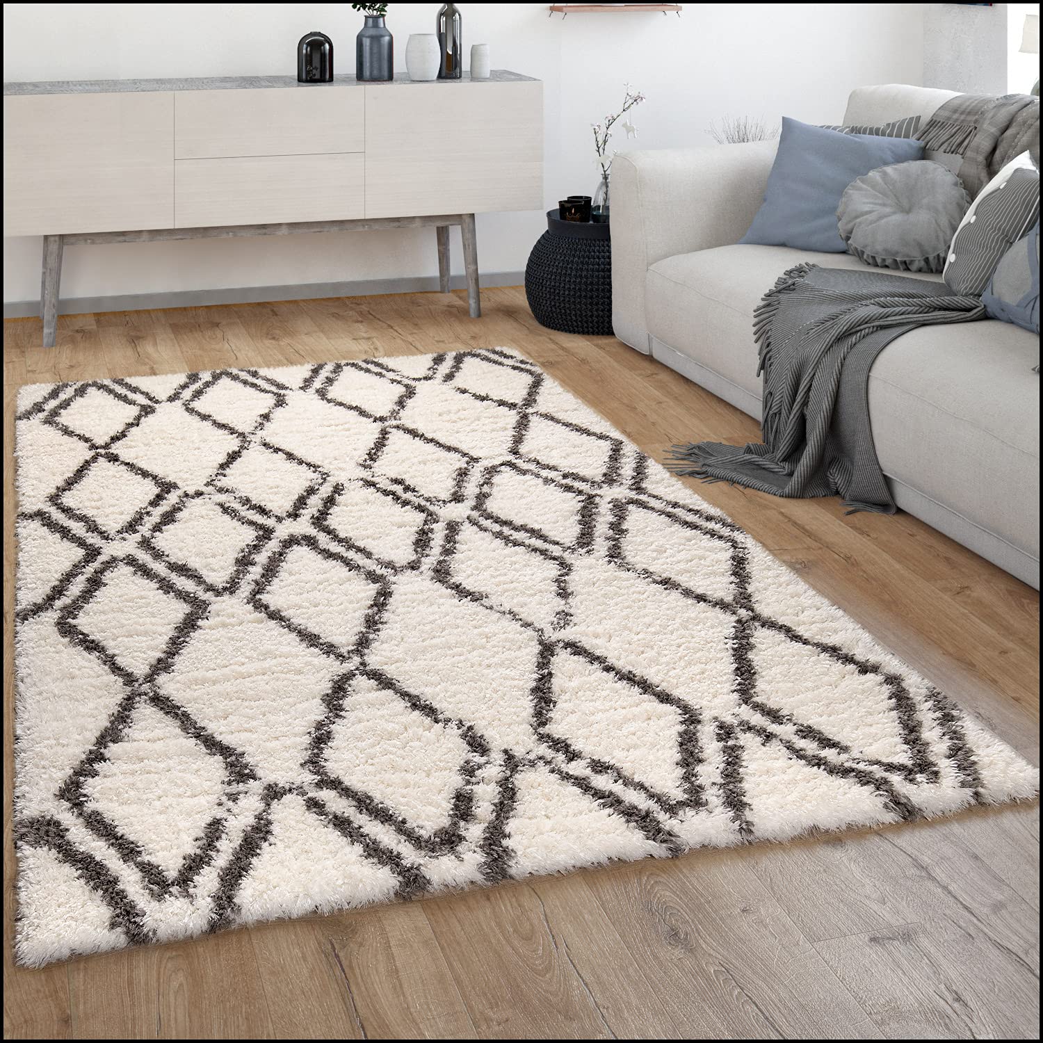 paco-home-hochflor-teppich-shaggy-skandi-rauten-creme-120x160-cm image 1
