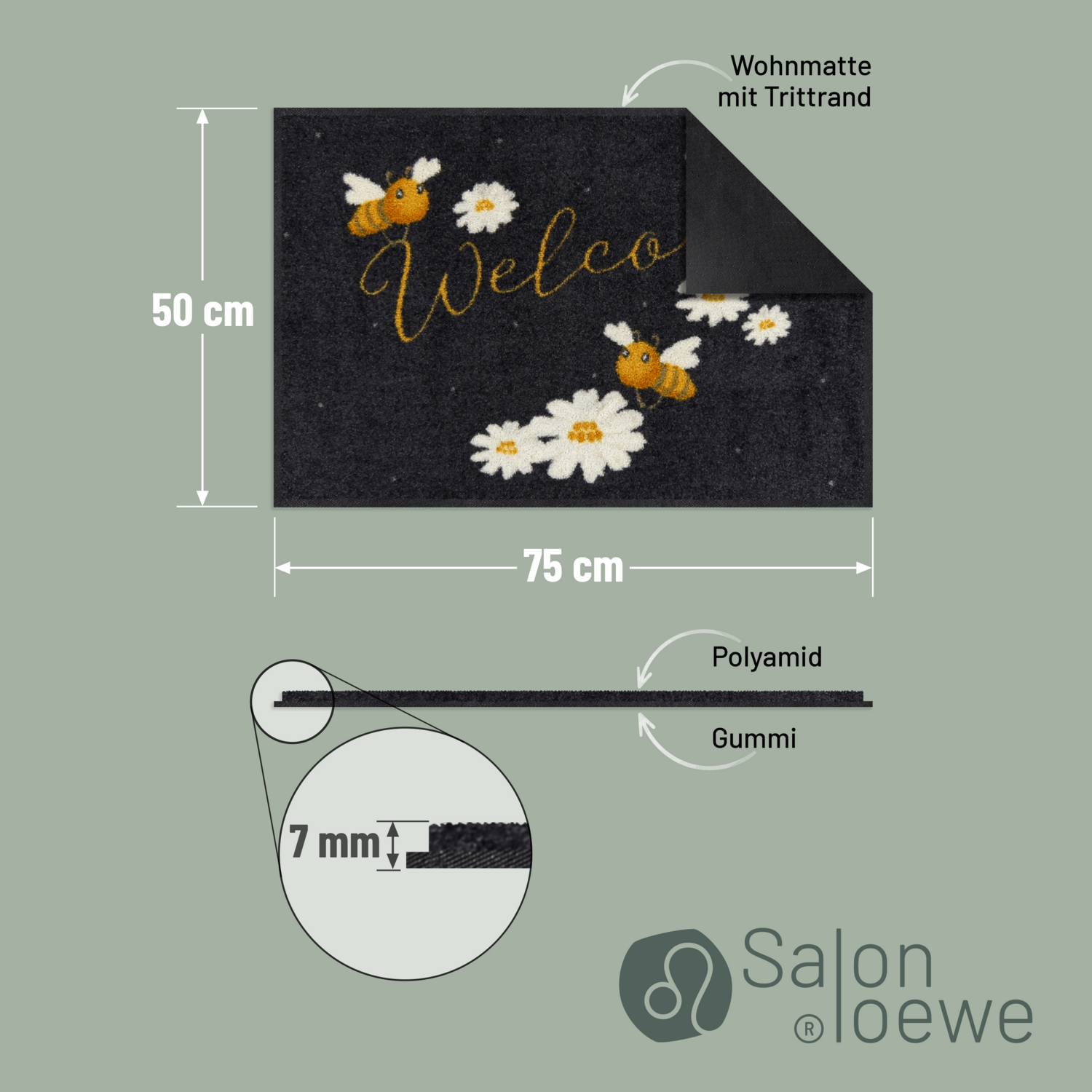 salonloewe-welcome-bees-eingangsmatte-50-x-75-cm-bienenmotiv-mit-goldener-welcom image 4