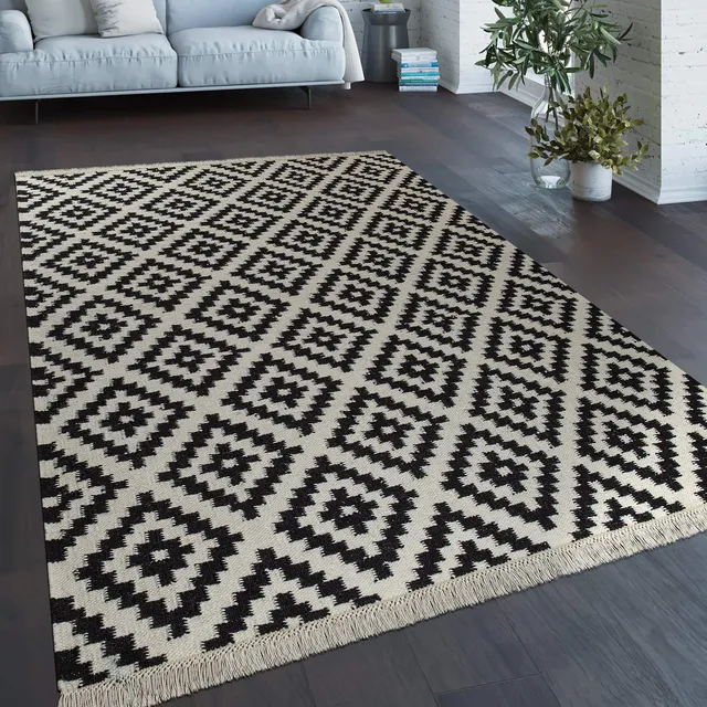 paco-home-skandi-kilim-teppich-60x110-cm-schwarz-wei-rauten-fransen-handgewebt image 1