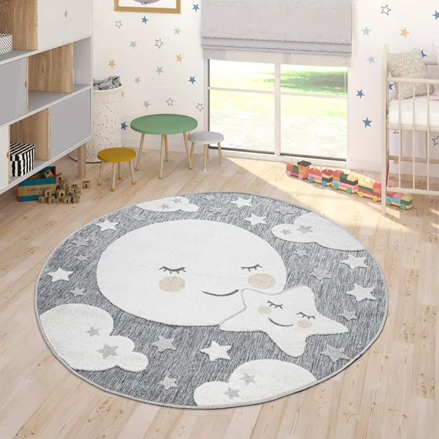 paco-home-kinderteppich-grau-160-cm-rund-sterne-mond image 1