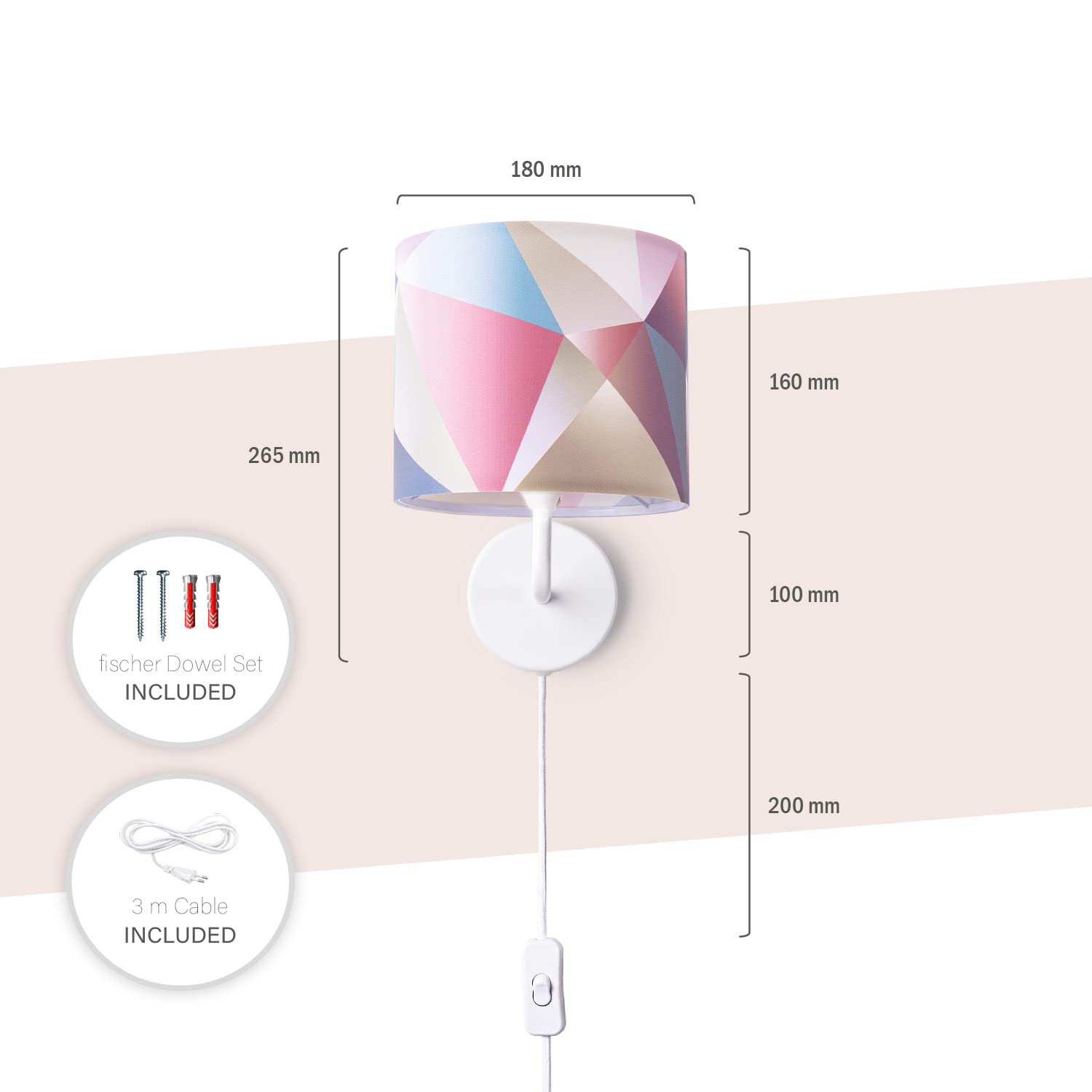 paco-home-volta-wandleuchte-e14-stoffschirm-punkte-geometrisch-mit-stecker-und-k image 3