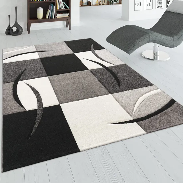 paco-home-designer-kurzflor-teppich-120x170-cm-schwarz-weiss-grau-kariert image 1