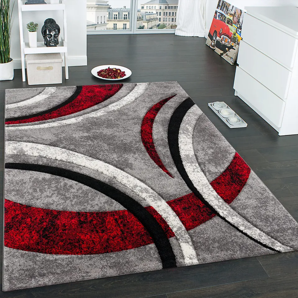 paco-home-kurzflor-teppich-konturenschnitt-gestreift-grau-schwarz-rot-meliert-80 image 1