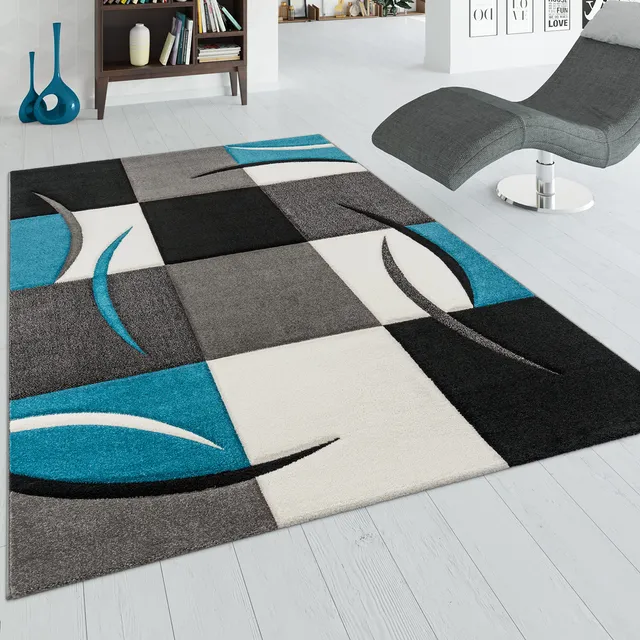 paco-home-designer-teppich-karo-muster-t-rkis-grau-120x170-cm-konturenschnitt-po image 1
