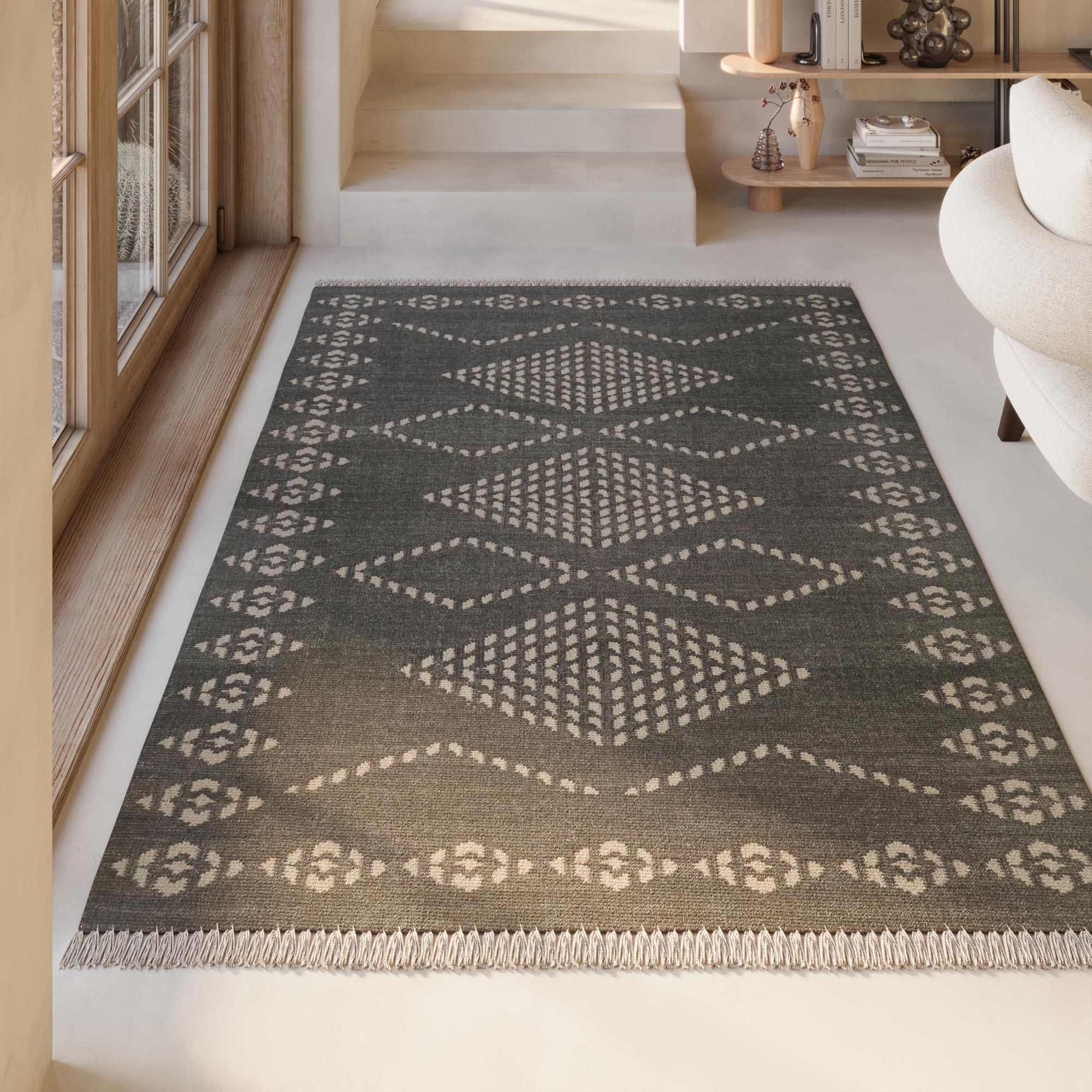 weconhome-green-looop-kelim-teppich-belmont-dunkelgrau-100-wolle-handgewebt-80x1 image 1
