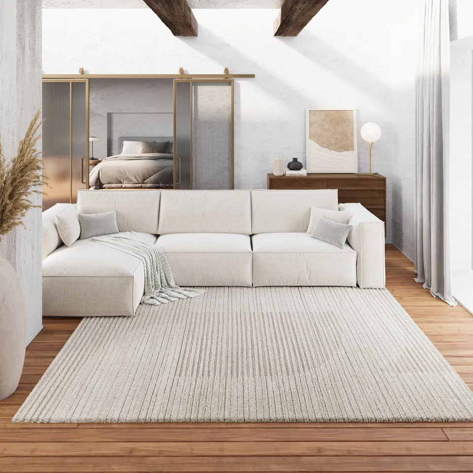 weconhome-kurzflor-teppich-creme-beige-sven-mit-geometrischem-linien-design-oeko image 1